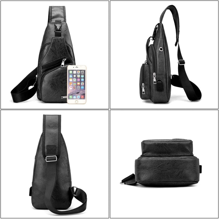 Waterproof Leisure PU Leather Single Shoulder Bag Men Chest Bag with USB Charging Port and Headphone Hole(Black) - Crossbody Bags by PMC Jewellery | Online Shopping South Africa | PMC Jewellery