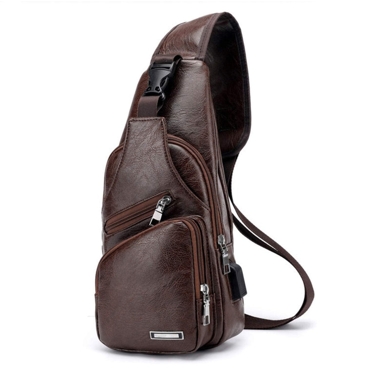 Waterproof Leisure PU Leather Single Shoulder Bag Men Chest Bag with USB Charging Port and Headphone Hole(Dark Brown) - Crossbody Bags by PMC Jewellery | Online Shopping South Africa | PMC Jewellery