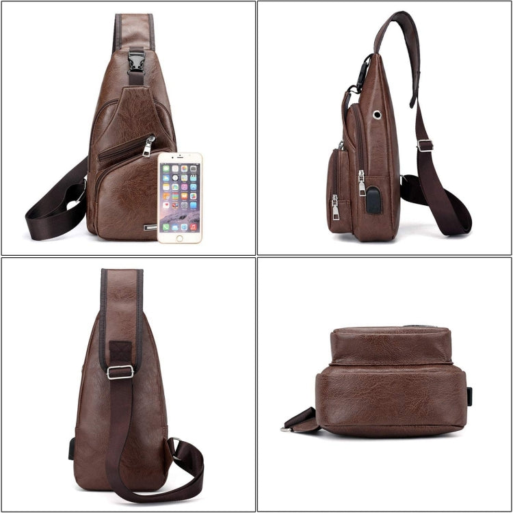 Waterproof Leisure PU Leather Single Shoulder Bag Men Chest Bag with USB Charging Port and Headphone Hole(Dark Brown) - Crossbody Bags by PMC Jewellery | Online Shopping South Africa | PMC Jewellery