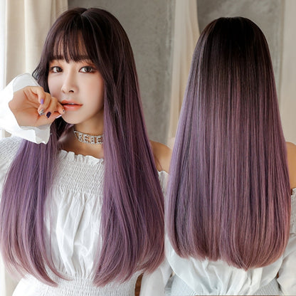 Realistic Long Straight Hair Wig Synthetic Fiber Headgear For Women, Style:Long Pink Purple Three Color Gradient 67CM - Wigs by PMC Jewellery | Online Shopping South Africa | PMC Jewellery