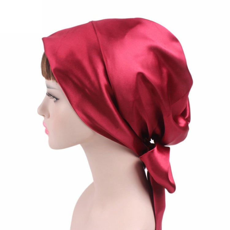 TJM-226 Ladies Satin Print Ribbon Bow Turban Hat Night Cap Silk Chemotherapy Hat Long Tail Braid Hat(Red Wine) - Hair Care Caps by PMC Jewellery | Online Shopping South Africa | PMC Jewellery