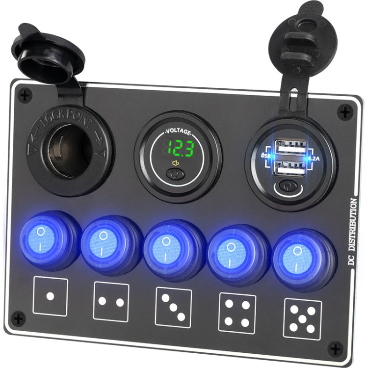 5-Position Switch Dual USB With Voltage Power Base Car Yacht RV Switch Panel Combination(Blue Light) - Car Switches by PMC Jewellery | Online Shopping South Africa | PMC Jewellery