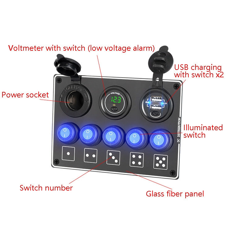 5-Position Switch Dual USB With Voltage Power Base Car Yacht RV Switch Panel Combination(Blue Light) - Car Switches by PMC Jewellery | Online Shopping South Africa | PMC Jewellery