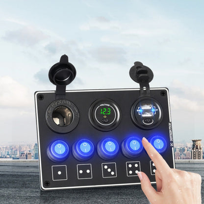 5-Position Switch Dual USB With Voltage Power Base Car Yacht RV Switch Panel Combination(Blue Light) - Car Switches by PMC Jewellery | Online Shopping South Africa | PMC Jewellery