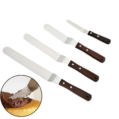 3 PCS Wooden Handle Spatula Baking Stainless Steel Cake Straight Knife(With Hole Curved Section 8 Inch) - Baking Pastry Tools by PMC Jewellery | Online Shopping South Africa | PMC Jewellery