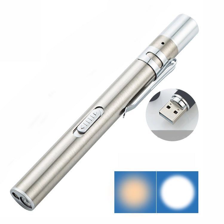 Flashlight Pupil Pen Light Yellow White Dual Light Source Dental Light LED Stainless Steel Morning Inspection Light(Silver) - LED Flashlight by PMC Jewellery | Online Shopping South Africa | PMC Jewellery