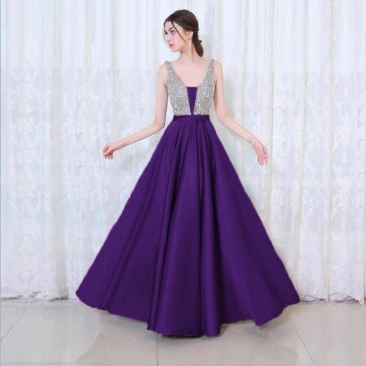 V-neck Sequin Dress Banquet Annual Evening Dress, Size:M(Purple) - Evening Dress by PMC Jewellery | Online Shopping South Africa | PMC Jewellery