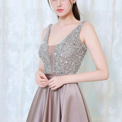 V-neck Sequin Dress Banquet Annual Evening Dress, Size:XL(Apricot) - Evening Dress by PMC Jewellery | Online Shopping South Africa | PMC Jewellery