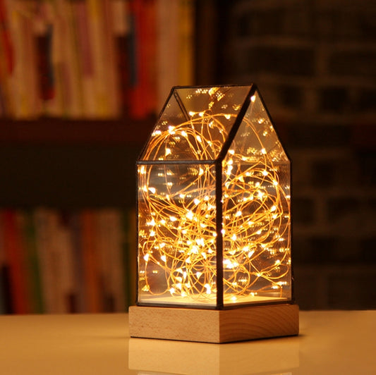 Fireworks Glass Lampshade Wooden Base 100 LEDs Night Light Birthday Christmas Gift, Spec: Dimming Switch(Firefly House) - Night Lights by PMC Jewellery | Online Shopping South Africa | PMC Jewellery