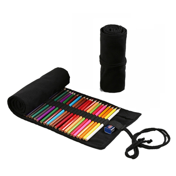 48  Holes Pure Black Handmade Canvas Roll Pen Bag Large Capacity Boy And Girl Sketch Color Pencil Curtain - Pen Holder by PMC Jewellery | Online Shopping South Africa | PMC Jewellery