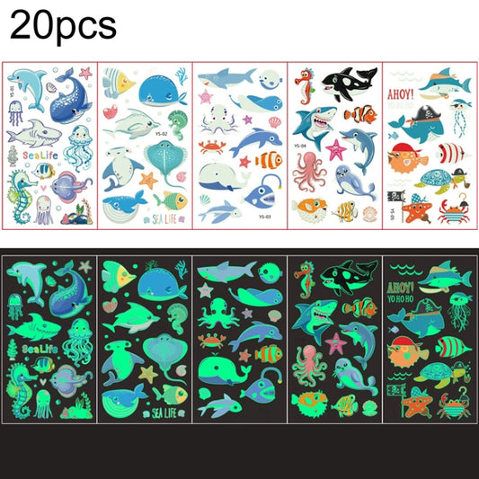 20 PCS Y01-05 Kids Cartoon Luminous Tattoo Sticker Waterproof And Sweat Proof Party Activity Face Sticker(Ocean) - Sticker by PMC Jewellery | Online Shopping South Africa | PMC Jewellery