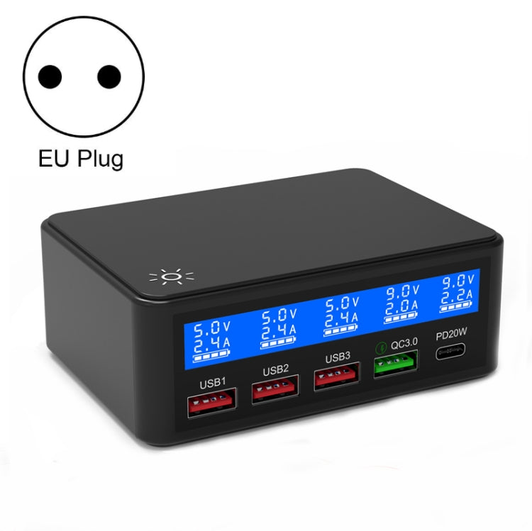 618 QC3.0 + PD20W + 3 x USB Ports Charger with Smart LCD Display, EU Plug (Black) - Multifunction Charger by PMC Jewellery | Online Shopping South Africa | PMC Jewellery