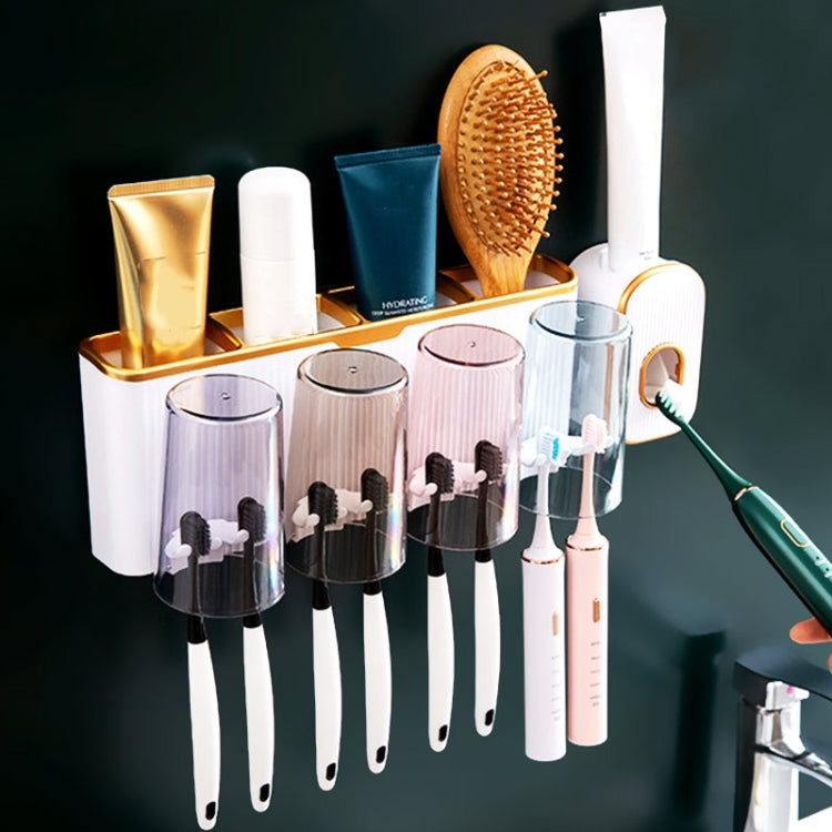 Bathroom Wall-mounted Punch-free Wash Cup Toothbrush Rack Squeeze Toothpaste Set Two Golden(With Squeezer) - Shelves by PMC Jewellery | Online Shopping South Africa | PMC Jewellery