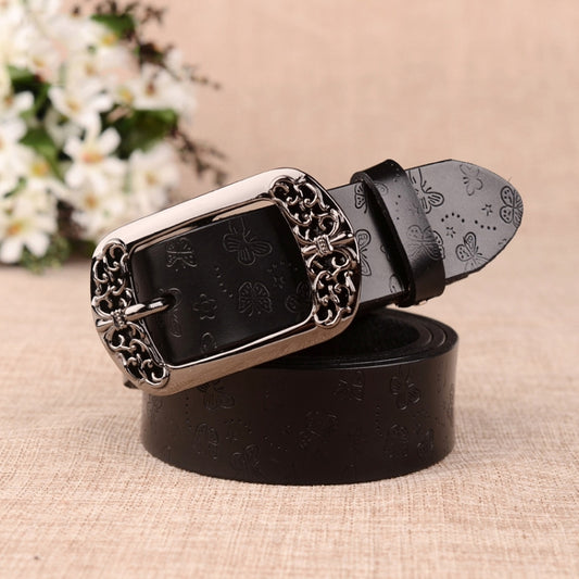 ZK--067 Retro Engraved Buckle Butterfly Print Pin Buckle Leather Belt, Length: 110cm(Black) - Belts by PMC Jewellery | Online Shopping South Africa | PMC Jewellery