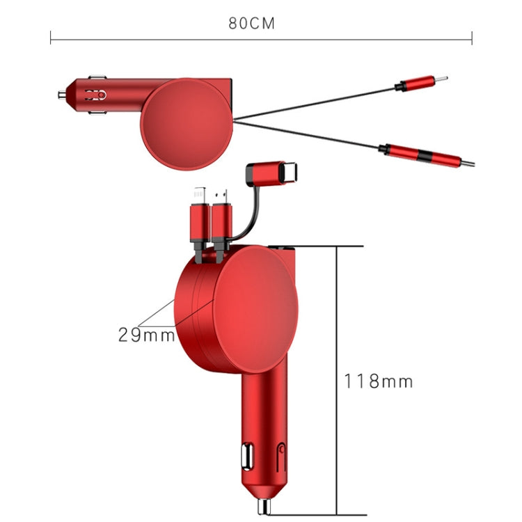 3 In 1 60W Fast Charging Dual Cable Retractable Car Charger(Red) - Car Charger by PMC Jewellery | Online Shopping South Africa | PMC Jewellery