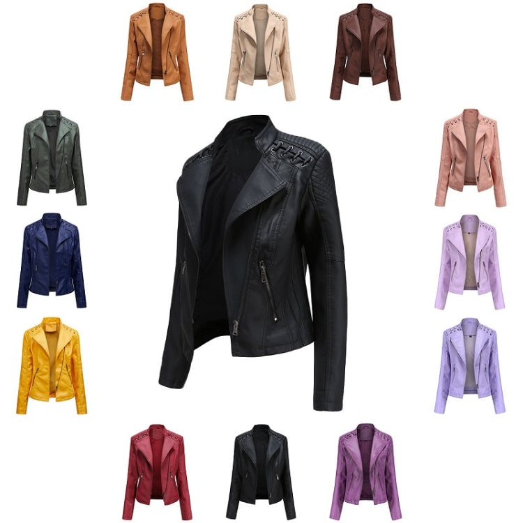 Women Short Leather Jacket Slim Jacket Motorcycle Suit, Size: XXXL(Khaki) - Jacket & Loose Coat by PMC Jewellery | Online Shopping South Africa | PMC Jewellery