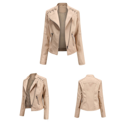 Women Short Leather Jacket Slim Jacket Motorcycle Suit, Size: XL(Camel) - Jacket & Loose Coat by PMC Jewellery | Online Shopping South Africa | PMC Jewellery