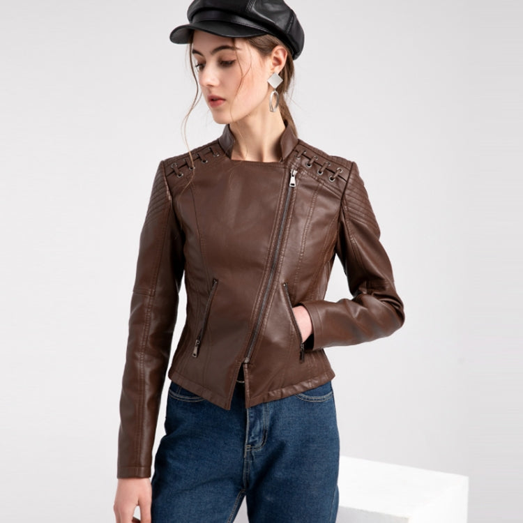 Women Short Leather Jacket Slim Jacket Motorcycle Suit, Size: M(Khaki) - Jacket & Loose Coat by PMC Jewellery | Online Shopping South Africa | PMC Jewellery