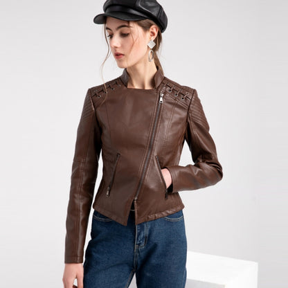 Women Short Leather Jacket Slim Jacket Motorcycle Suit, Size: XXL(Coffee) - Jacket & Loose Coat by PMC Jewellery | Online Shopping South Africa | PMC Jewellery