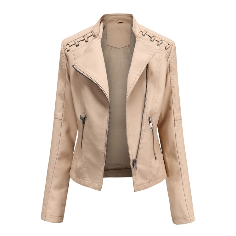 Women Short Leather Jacket Slim Jacket Motorcycle Suit, Size: XXL(Khaki) - Jacket & Loose Coat by PMC Jewellery | Online Shopping South Africa | PMC Jewellery