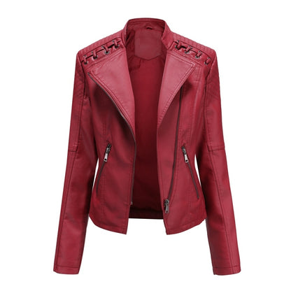 Women Short Leather Jacket Slim Jacket Motorcycle Suit, Size: XXL(Red) - Jacket & Loose Coat by PMC Jewellery | Online Shopping South Africa | PMC Jewellery