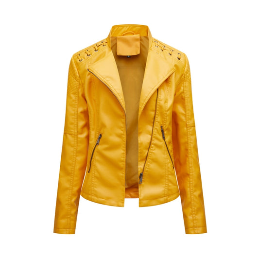 Women Short Leather Jacket Slim Jacket Motorcycle Suit, Size: XXXL(Lemon Yellow) - Jacket & Loose Coat by PMC Jewellery | Online Shopping South Africa | PMC Jewellery