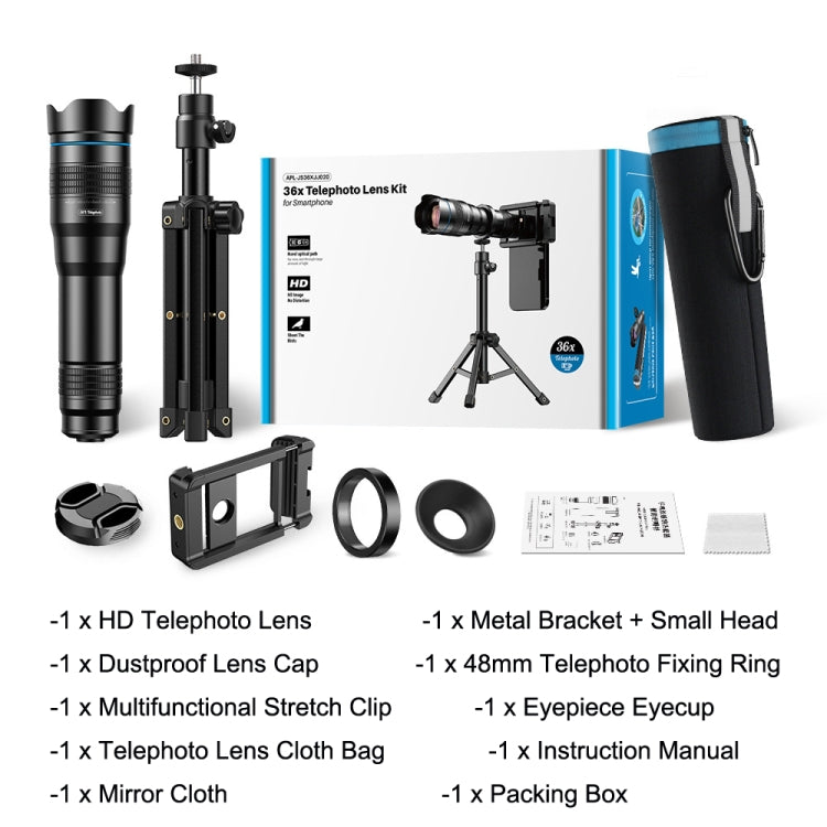 Apexel APL-36XJJ020 36X HD Telescope Universal Telephoto Phone Lens + Clip + Tripod Set - Macro & Wide-angle by APEXEL | Online Shopping South Africa | PMC Jewellery