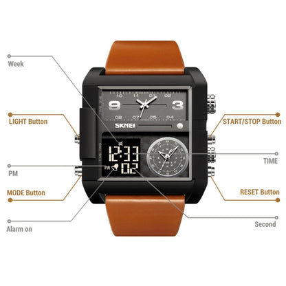 SKMEI 2020 Square Large Dial Triple Movement Men Sports Watch(Silver Shell Brown Belt Black Machine) - LED Digital Watches by SKMEI | Online Shopping South Africa | PMC Jewellery