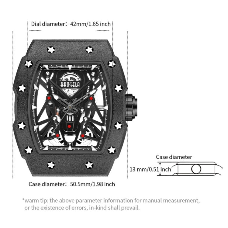 BAOGELA 224145 Barrel Skeleton Waterproof Sports Stainless Steel Silicone Men Watch(Steel Shell Black Belt) - Silicone Strap Watches by BAOGELA | Online Shopping South Africa | PMC Jewellery