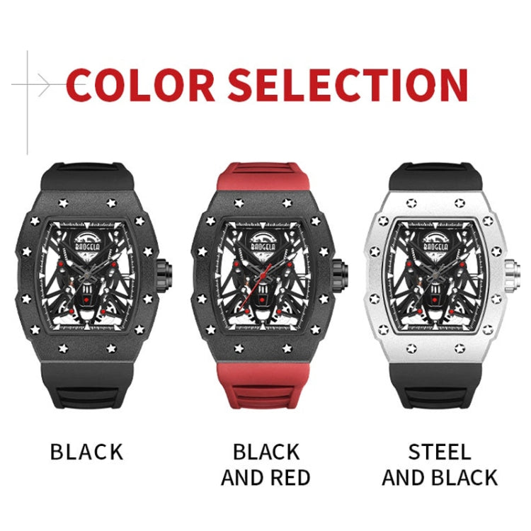 BAOGELA 224145 Barrel Skeleton Waterproof Sports Stainless Steel Silicone Men Watch(Steel Shell Black Belt) - Silicone Strap Watches by BAOGELA | Online Shopping South Africa | PMC Jewellery