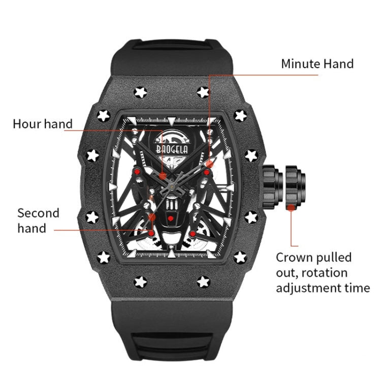 BAOGELA 224145 Barrel Skeleton Waterproof Sports Stainless Steel Silicone Men Watch(Steel Shell Black Belt) - Silicone Strap Watches by BAOGELA | Online Shopping South Africa | PMC Jewellery