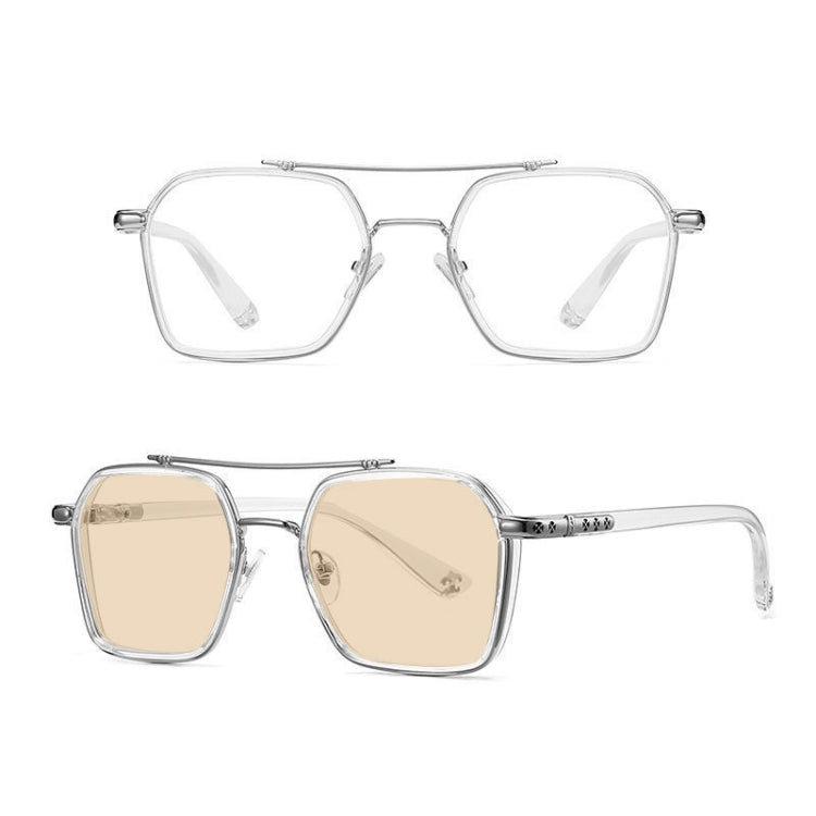 A5 Double Beam Polarized Color Changing Myopic Glasses, Lens: -250 Degrees Change Tea Color(Transparent Silver Frame) - Plain Glass Spectacles by PMC Jewellery | Online Shopping South Africa | PMC Jewellery