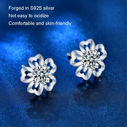 XEA011 Sakura Earrings 925 Silver Needle Flower Earrings(50 Points Mosan Diamond White Gold) - Stud Earrings & Earrings by PMC Jewellery | Online Shopping South Africa | PMC Jewellery