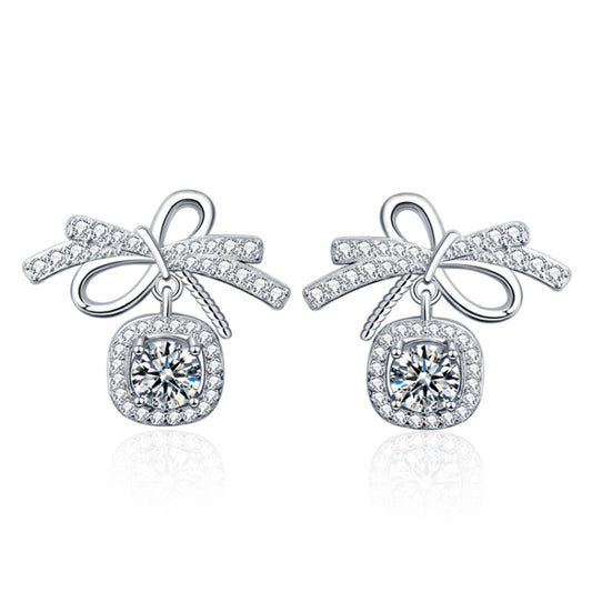 XEA001 925 Silver Bow Earrings Simple Silver Needle Earrings(50 Points Mosan Diamond White Gold) - Stud Earrings & Earrings by PMC Jewellery | Online Shopping South Africa | PMC Jewellery