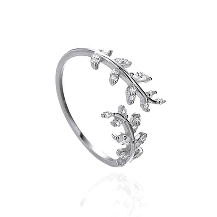 BSR241-A Willow Leaf Opening Sterling Silver Simple Zirconia Tree Branch Ring Bracelet - Rings by PMC Jewellery | Online Shopping South Africa | PMC Jewellery