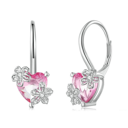 S925 Sterling Silver Pink Heart Cherry Blossom Earrings - Stud Earrings & Earrings by PMC Jewellery | Online Shopping South Africa | PMC Jewellery