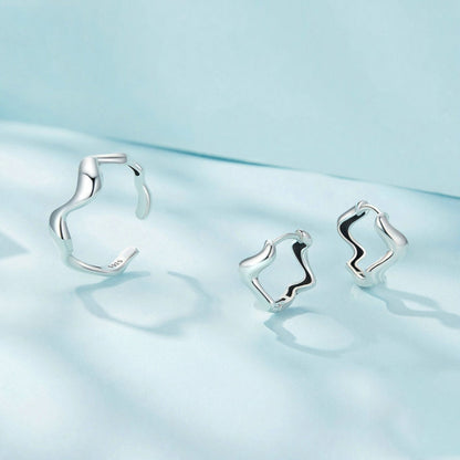 Sterling Silver Simple Wavy Earrings Ring Set - Jewelry Sets by PMC Jewellery | Online Shopping South Africa | PMC Jewellery