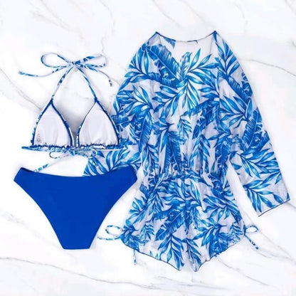 Leaf-print Waist Lace-up Three-Piece Bikini Set Long-sleeved Beach Sun Protection Swimsuit, Size: L(Blue) - Swimwear by PMC Jewellery | Online Shopping South Africa | PMC Jewellery