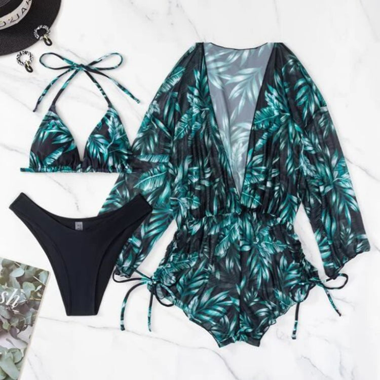 Leaf-print Waist Lace-up Three-Piece Bikini Set Long-sleeved Beach Sun Protection Swimsuit, Size: L(Black Leaf) - Swimwear by PMC Jewellery | Online Shopping South Africa | PMC Jewellery