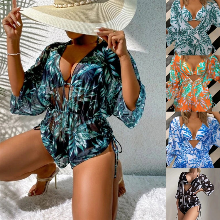 Leaf-print Waist Lace-up Three-Piece Bikini Set Long-sleeved Beach Sun Protection Swimsuit, Size: XL(Black) - Swimwear by PMC Jewellery | Online Shopping South Africa | PMC Jewellery