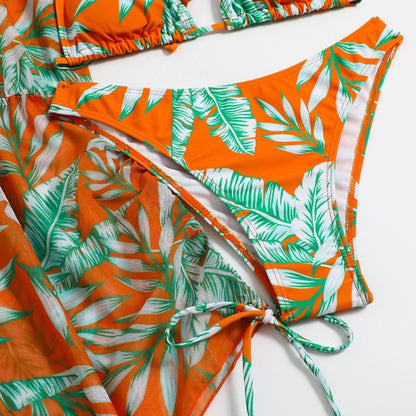 Leaf-print Waist Lace-up Three-Piece Bikini Set Long-sleeved Beach Sun Protection Swimsuit, Size: S(Light Leaf) - Swimwear by PMC Jewellery | Online Shopping South Africa | PMC Jewellery