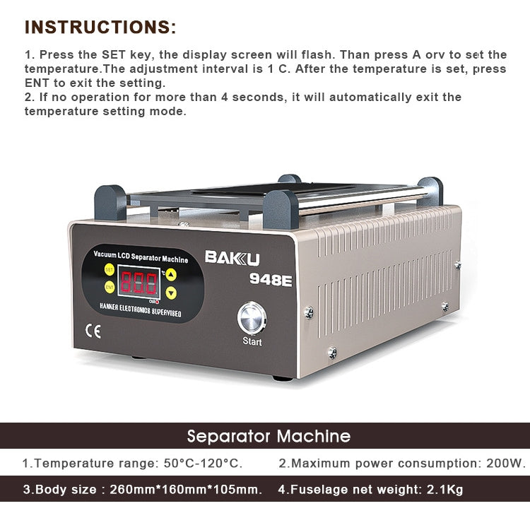 BAKU BA-948E Mobile Phone Liquid Crystal Separation Machine Flat Display Separator Heating Board EU Plug 220V - Separation Equipment by BAKU | Online Shopping South Africa | PMC Jewellery