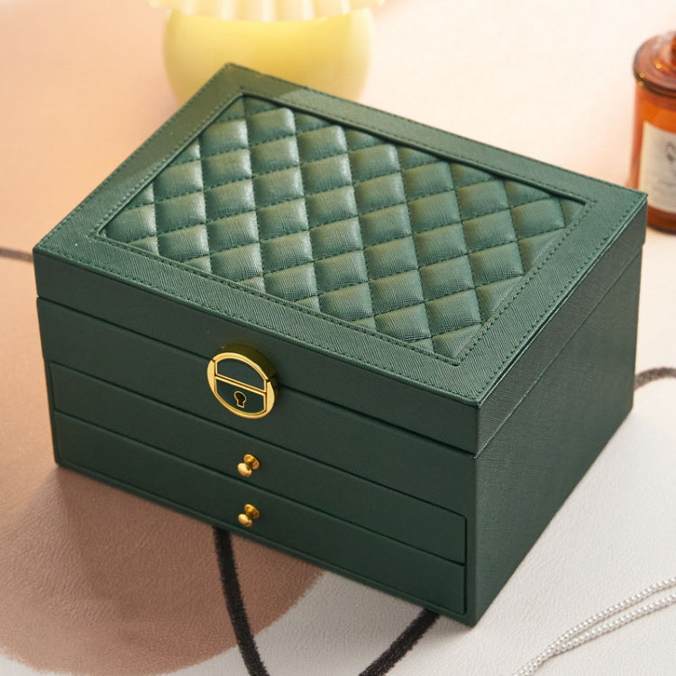 Diamond Pattern PU Leather Three-layer Drawer Jewelry Box Necklace Ring Jewelry Storage Box(Dark Green) - Jewelry Storages by PMC Jewellery | Online Shopping South Africa | PMC Jewellery