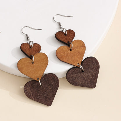 5pairs Wooden Carved Heart Shape Stitching Long Earrings(1) - Stud Earrings & Earrings by PMC Jewellery | Online Shopping South Africa | PMC Jewellery