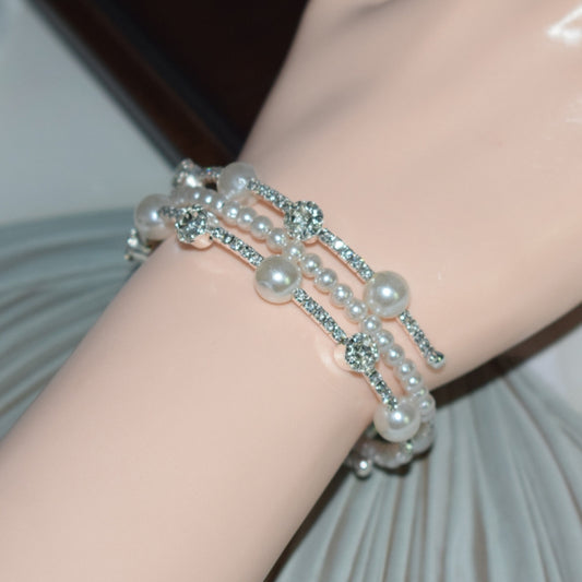 3 Row Silver Simple Rhinestone Pearl Wrapped Arm Bracelet Versatile Bracelet - Bracelets by PMC Jewellery | Online Shopping South Africa | PMC Jewellery