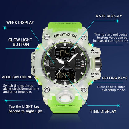 SANDA Green Light Alarm Clock Multifunctional Waterproof Shockproof Transparent Watch(Army Green) - Silicone Strap Watches by SANDA | Online Shopping South Africa | PMC Jewellery