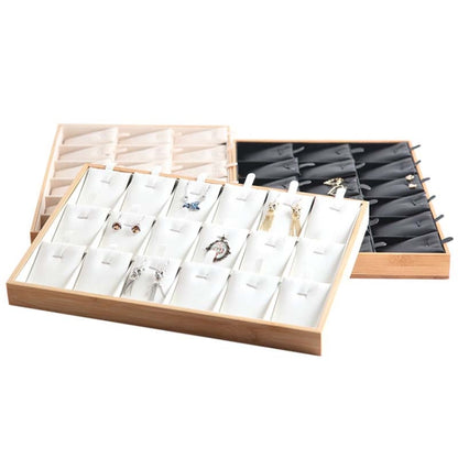 Bamboo Wooden Grid Liner Jewelry Display Tray Necklace Pendant Storage Tray Showcase, Style: 18 Grid Black Leather - Jewelry Storages by PMC Jewellery | Online Shopping South Africa | PMC Jewellery