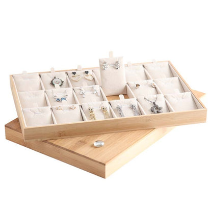 Bamboo Wooden Grid Liner Jewelry Display Tray Necklace Pendant Storage Tray Showcase, Style: 18 Grid White Leather - Jewelry Storages by PMC Jewellery | Online Shopping South Africa | PMC Jewellery