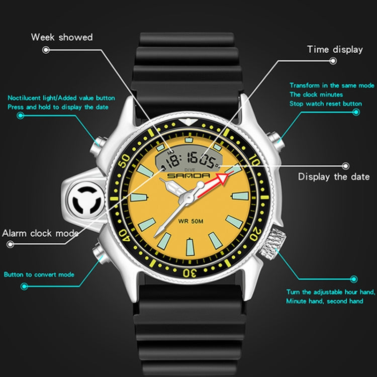 SANDA 3008 Multifunctional Men Outdoor Sports Noctilucent 50m Waterproof Digital Wrist Watch (Black Yellow) - Sport Watches by SANDA | Online Shopping South Africa | PMC Jewellery