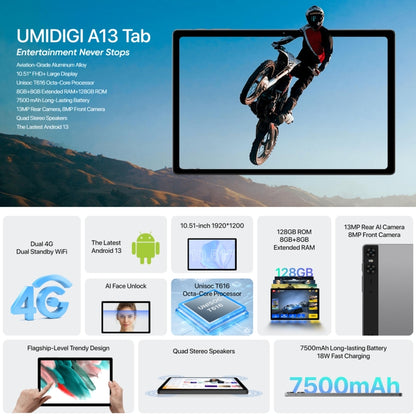 [HK Warehouse] UMIDIGI A13 Tab 4G Tablet PC, 10.51 inch, 8GB+128GB, Face Unlock, Android 13 Unisoc T616 Octa-Core up to 2.0GHz, Support BT & WiFi & TF Card & GPS(Space Grey) - Other by UMIDIGI | Online Shopping South Africa | PMC Jewellery